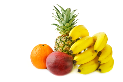 close up of bananas with a pineapple, mango, and an orange