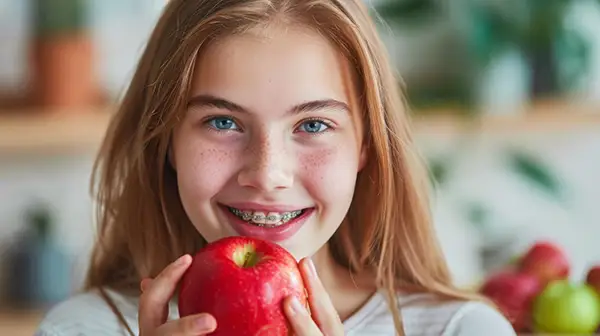 Teenager holding a whole apple, demonstrating a food that can prevent cavities.