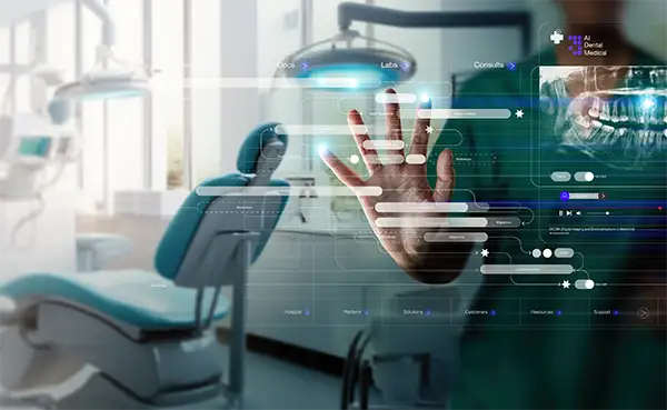 A futuristic dental office showcasing an augmented reality interface with a hand interacting with digital dental tools.